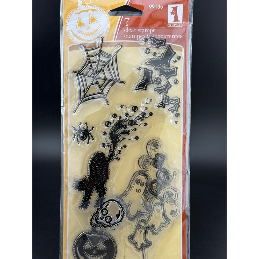 Inkadinkado Gemstone Halloween Clear Stamps 7pc Set 99135 Cat Spider Bat Ghost